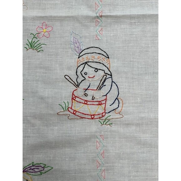 Vintage Hand Embroidered Cross Stitch Tablecloth Children 56” X 34” White Cotton - Picture 5 of 9